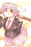  1girl animal_ears blazer bunny_tail highres jacket looking_at_viewer necktie purple_hair rabbit_ears red_eyes reisen shiz_(#0077) short_hair skirt smile solo tail touhou traditional_media uniform watercolor_(medium) 