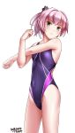  1girl artist_name blue_eyes competition_swimsuit covered_navel cowboy_shot dated hair_ribbon highres kantai_collection looking_at_viewer one-piece_swimsuit pink_hair ponytail purple_swimsuit remodel_(kantai_collection) ribbon shiranui_(kantai_collection) short_hair simple_background solo stretch striped striped_swimsuit swimsuit tsuchimiya white_background white_ribbon 