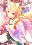  1girl animal_ears blonde_hair blurry blurry_background blurry_foreground breasts chita_(ketchup) closed_mouth commentary_request depth_of_field fan floral_print flower folding_fan fox_ears fox_girl fox_tail green_skirt hair_between_eyes haori highres holding holding_fan japanese_clothes kimono long_hair long_sleeves looking_at_viewer low_ponytail medium_breasts original pink_flower pleated_skirt ponytail red_eyes signature skirt smile solo standing standing_on_one_leg tail tree very_long_hair white_kimono wide_sleeves 