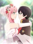  artist_request darling_in_the_franxx dress formal hiro_(darling_in_the_franxx) horns hug looking_at_another military military_uniform uniform veil wedding_dress zero_two_(darling_in_the_franxx) 