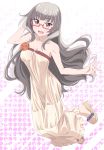  1girl :d breasts brown_eyes cleavage collarbone dress floating_hair flower full_body glasses hand_in_hair hazuki_shizuku highres long_dress long_hair looking_at_viewer medium_breasts new_game! open_mouth orange_flower orange_rose pink_x rectangle rose semi-rimless_eyewear shiny shiny_hair shiny_skin silver_hair sleeveless sleeveless_dress smile solo strapless strapless_dress under-rim_eyewear very_long_hair white_background white_dress 