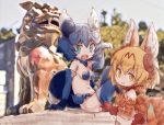  2girls animal_ears aqua_eyes arm_up blonde_hair blue_eyes blue_gloves blurry blurry_background bra commentary day elbow_gloves eyebrows_visible_through_hair fang gloves hair_between_eyes jewelry kemono_friends kolshica looking_at_viewer multiple_girls navel necklace open_mouth outdoors red_gloves serval_ears shiisaa shiisaa_right shiserval_lefty short_hair sitting smile statue strapless strapless_bra tail underwear yellow_eyes 