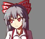  1girl bangs bow collarbone commentary english_commentary eyebrows_visible_through_hair eyelashes fujiwara_no_mokou grey_background hair_bow long_hair looking_to_the_side portrait red_bow red_eyes shirt silver_hair simple_background solo suspenders touhou white_shirt wing_collar wool_(miwol) 