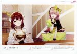  2girls absurdres atelier_(series) atelier_lydie_&amp;_suelle blush bow breasts brown_eyes brown_hair closed_eyes food game_cg hairband highres long_hair looking_at_viewer multiple_girls noco_(adamas) official_art pink_hair scan short_hair small_breasts smile sophie_neuenmuller soup suelle_marlen yellow_bow yuugen 