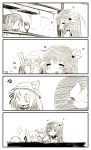  0_0 3girls 4koma :d :t =_= animal_ears azur_lane bangs blush cat_ears closed_mouth coin_purse comic commentary_request crossover ears_through_headwear eating eyebrows_visible_through_hair flying_sweatdrops hair_between_eyes hair_ornament hair_ribbon hat hat_removed headwear_removed heart highres holding holding_spoon indoors kantai_collection kisaragi_(azur_lane) kisaragi_(kantai_collection) long_hair mamiya_(kantai_collection) monochrome multiple_girls namesake open_mouth parfait ribbon school_hat school_uniform serafuku shirt short_sleeves silent_comic smile spoon table very_long_hair yagami_kamiya 