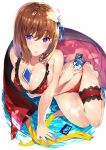  1girl bikini blush breasts brown_hair cellphone cleavage eyebrows_visible_through_hair flower hair_flower hair_ornament highres looking_at_viewer original phone red_bikini shiny shiny_skin smartphone smile solo swimsuit tachibana_yuu violet_eyes wet 