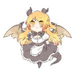  1girl alternate_color alternate_costume alternate_eye_color alternate_hairstyle apron black_dress blonde_hair blush breasts chibi cleavage closed_mouth commission dragon_(monster_girl_encyclopedia) dragon_horns dragon_tail dragon_wings dress enmaided full_body gradient_hair hand_on_hip hand_up horns joolz long_hair looking_at_viewer maid maid_apron monster_girl monster_girl_encyclopedia multicolored_hair puffy_short_sleeves puffy_sleeves short_sleeves simple_background smile solo spread_wings standing tail waist_apron white_apron white_background wings yellow_eyes 