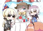  4girls :o absurdres ahoge anastasia_(fate/grand_order) artoria_pendragon_(all) bangs black_scrunchie black_shirt black_shorts blue_cloak blue_eyes blue_sky blush bottle bow brown_hair brown_hat clenched_teeth cloak closed_mouth clouds cloudy_sky commentary_request day eating eyebrows_visible_through_hair fate/apocrypha fate/grand_order fate/stay_night fate_(series) food_print fujimaru_ritsuka_(female) hair_between_eyes hair_ornament hair_over_one_eye hair_scrunchie hat highres holding holding_spoon jako_(jakoo21) jeanne_d&#039;arc_(alter)_(fate) jeanne_d&#039;arc_(fate)_(all) kooribata long_hair multiple_girls one_side_up outdoors parasol parted_lips pineapple_print print_shirt saber_alter scrunchie shaved_ice shirt short_shorts short_sleeves shorts silver_hair sky spoon sun_hat sunglasses sweat table teeth umbrella v-shaped_eyebrows very_long_hair yellow_bow yellow_eyes 