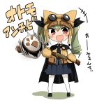  +++ 1girl :d absurdres anchovy animal_hat anzio_school_uniform bangs barashiya black_belt black_cape black_footwear black_neckwear black_ribbon black_skirt blush_stickers brown_hat brown_mittens brown_vest cape cat_hat character_name chibi commentary_request cosplay_request dress_shirt drill_hair emblem eyebrows_visible_through_hat girls_und_panzer goggles goggles_on_headwear green_hair hair_ribbon hat highres holding holding_staff italian long_hair long_sleeves looking_at_viewer miniskirt necktie open_mouth pantyhose pleated_skirt red_eyes ribbon school_uniform shadow shirt shoes skirt smile solo staff translation_request twin_drills twintails v-shaped_eyebrows vest white_background white_legwear white_shirt 