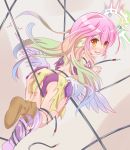  1girl angel_wings ass commentary_request embarrassed feathered_wings gradient_hair halo highres jibril_(no_game_no_life) jingdong_ssa long_hair low_wings magic_circle multicolored_hair no_game_no_life open_mouth pink_hair restrained shoes single_shoe solo torn_clothes very_long_hair wing_ears wings younger 