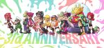  2boys 6+girls agent_8 anniversary aori_(splatoon) beanie black_skirt commander_atarime dark_skin dj_takowasa dual_persona hat headphones highres hime_(splatoon) hotaru_(splatoon) iida_(splatoon) inkling jacket japanese_clothes kimono midriff multiple_boys multiple_girls navel octoling skirt smile splatoon splatoon_1 splatoon_2 splatoon_2:_octo_expansion squidbeak_splatoon tentacle tentacle_hair walking wong_ying_chee 