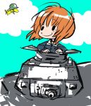  1girl bird blue_sky charles_schulz_(style) closed_eyes clouds day dot_nose girls_und_panzer ground_vehicle helmet lenny-tree light_brown_hair long_sleeves looking_at_another military military_uniform military_vehicle motor_vehicle nishizumi_miho on_vehicle ooarai_military_uniform outdoors parody peanuts short_hair sky smile style_parody tank uniform wind woodstock 