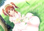  1girl bare_shoulders bouquet brown_eyes brown_hair clover clover_hair_ornament commentary_request dated detached_sleeves dress earrings eyebrows_visible_through_hair flower four-leaf_clover grass green_ribbon hair_ornament hairband happy_birthday holding holding_bouquet idolmaster idolmaster_cinderella_girls jewelry leaf looking_at_viewer naoharu_(re_barna) necklace ogata_chieri parted_lips pink_dress ribbon smile solo tree twintails 