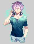  blue_eyes blue_shirt closed_mouth commentary copyright_request cowboy_shot cropped_legs grey_background grey_pants half-closed_eye hand_in_pocket hand_up headphones headphones_around_neck looking_at_viewer pants pink_hair shirt yamakawa 