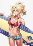  1girl blonde_hair braid fate/grand_order fate_(series) front-tie_bikini front-tie_top green_eyes highres looking_at_viewer mordred_(fate) mordred_(fate)_(all) mordred_(swimsuit_rider)_(fate) red_bikini_top scrunchie short_shorts shorts simple_background solo surfboard tenobe 