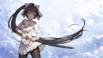  1girl aiguillette azur_lane bangs black_hair black_legwear blush bow breasts buttons closed_mouth clouds cloudy_sky commentary_request cowboy_shot dsknight fighting_stance gloves hair_bow hair_flaps head_tilt highres holding holding_sword holding_weapon katana long_hair looking_at_viewer military military_uniform mole mole_under_eye negative_space panties panties_under_pantyhose pantyhose pantyshot petals pleated_skirt ponytail ribbon skirt sky solo standing sword takao_(azur_lane) underwear uniform weapon white_bow white_gloves white_panties white_ribbon white_skirt wind wind_lift yellow_eyes 