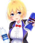  .live 1girl :d ahoge bangs bar_censor black_jacket blue_eyes blush bottle bow bowtie breasts can censored center_frills character_request collared_shirt commentary_request energy_drink etan14 eyebrows_visible_through_hair frills hair_between_eyes highres holding holding_bottle holding_can jacket large_breasts long_hair long_sleeves looking_at_viewer open_clothes open_jacket open_mouth outstretched_arm pocari_sweat red_bull red_neckwear shirt simple_background smile solo upper_body virtual_youtuber white_background white_shirt 