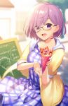  1girl :d bespectacled blueberry chalkboard crepe dress fate/grand_order fate_(series) food food_wrapper fruit glasses haru_(hiyori-kohal) holding holding_food jacket lavender_hair looking_at_viewer mash_kyrielight open_mouth plaid plaid_dress short_hair smile solo strawberry violet_eyes yellow_jacket 
