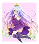  1girl ass bare_shoulders black_legwear blonde_hair blue_hair border brown_eyes chess_piece clenched_hand crown from_behind green_hair hair_between_eyes hand_to_own_mouth holding kneeling long_hair long_sleeves looking_back loose_thighhigh multicolored_hair no_game_no_life no_shoes off_shoulder outside_border panties parted_lips pink_background pink_hair purple_hair purple_shirt purple_skirt school_uniform serafuku shiro_(no_game_no_life) shirt side_ponytail silhouette skirt solo striped striped_panties summer-d_(dodojune) thigh-highs triangle_mouth underwear very_long_hair 
