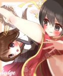  /\/\/\ 2girls :d afterimage bangs black_eyes black_hair blurry blurry_foreground blush breasts brown_hair bun_cover china_dress chinese_clothes commentary_request depth_of_field dodging dress eyebrows_visible_through_hair hair_between_eyes hair_ornament highres japanese_clothes kicking kimono long_hair medium_breasts multiple_girls non_(wednesday-classic) open_mouth original parted_lips pelvic_curtain red_dress ribbon_trim smile standing standing_on_one_leg sweat v-shaped_eyebrows very_long_hair violet_eyes white_kimono 