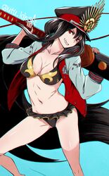  1girl bikini bikini_skirt black_bikini black_hair fate/grand_order fate_(series) hat headphones headphones_around_neck highres jacket long_hair oda_nobunaga_(fate) red_eyes solo swimsuit sword utu_(ldnsft) weapon 