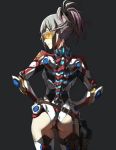  1girl armor ass black_background closed_mouth commentary contrapposto goggles gradient_hair grey_hair gun handgun hands_on_hips holster looking_at_viewer looking_back multicolored_hair original pink_hair pistol ponytail short_hair simple_background smile solo thigh-highs tonee weapon 