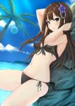  1girl against_rock beach bikini black_bikini blue_sky brown_hair clouds cowboy_shot dutch_angle flower front-tie_top green_eyes hair_flower hair_ornament idolmaster idolmaster_cinderella_girls lens_flare long_hair miyazumi navel palm_tree rock shibuya_rin side-tie_bikini sky solo swimsuit tree 