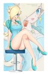  1girl alina_pegova blonde_hair blue_eyes blush breasts commission crown earrings formal hair_over_one_eye jewelry long_hair looking_at_viewer super_mario_bros. nintendo office_lady pantyhose rosetta_(mario) simple_background skirt_suit smile solo suit super_mario_galaxy 
