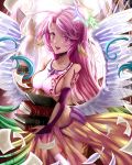  1girl :d angel_wings book breasts commentary crop_top cross feathered_wings feathers gloves gradient_hair halo holding holding_book jibril_(no_game_no_life) large_breasts long_hair low_wings magic_circle midriff multicolored multicolored_eyes multicolored_hair no_game_no_life open_mouth paper pink_hair sideboob single_thighhigh smile solo symbol-shaped_pupils tattoo thigh-highs very_long_hair violet_eyes wanini white_wings wing_ears wings yellow_eyes 