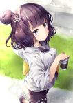  1girl black_hair black_pants casual closed_mouth contemporary cropped_legs cup fate/grand_order fate_(series) grass hair_bun hair_ornament hane_yuki highres holding holding_cup katsushika_hokusai_(fate/grand_order) looking_at_viewer pants short_hair solo violet_eyes walking white_hoodie 