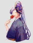  1boy candy candy_cane commentary_request copyright_request food grey_background grey_hair holding long_hair looking_at_viewer male_focus mask mask_on_head open_mouth ponytail simple_background solo upper_body very_long_hair yamakawa yellow_eyes 