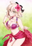  1girl ahoge bikini blonde_hair bow breasts cleavage cosplay fate/grand_order fate_(series) flower hair_bow hair_flower hair_ornament hibiscus large_breasts navel nina_(pastime) okita_souji okita_souji_(fate) pink_bikini sarong scathach_(fate/grand_order) scathach_(swimsuit_assassin)_(fate) scathach_(swimsuit_assassin)_(fate)_(cosplay) short_hair skirt skirt_lift smile solo sparkle swimsuit yellow_eyes 