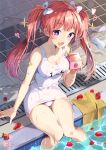  +_+ 1girl :3 :d aisha_(elsword) bandaid_on_arm bangs bare_arms bare_legs bare_shoulders bendy_straw blush bow breasts cleavage collarbone commentary drinking_straw elsword eyebrows_visible_through_hair fang food fruit hair_bow heart holding knees_together_feet_apart long_hair looking_at_viewer medium_breasts milk_carton old_school_swimsuit one-piece_swimsuit open_mouth pinb poolside redhead school_swimsuit sidelocks sitting smile soaking_feet socks_removed solo strawberry swimsuit symbol_commentary twintails very_long_hair violet_eyes water wet white_bow white_legwear white_school_swimsuit white_swimsuit 