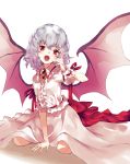  1girl arm_support bangs bat_wings eyebrows_visible_through_hair fangs frilled_shirt frilled_shirt_collar frilled_sleeves frills hand_to_head highres kneeling lavender_hair long_skirt looking_at_viewer nuqura open_mouth puffy_short_sleeves puffy_sleeves red_eyes red_ribbon remilia_scarlet ribbon shirt short_hair short_sleeves simple_background skirt solo touhou white_background white_shirt white_skirt wings wrist_cuffs 