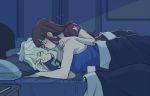  2girls artist_name bed blanket closed_eyes diana_cavendish kagari_atsuko kiss little_witch_academia multiple_girls neck_kiss pillow sleeping ticcy yuri 