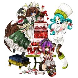  3girls :d apron bangs blue_hair boots bow brown_hair cake character_request chino_machiko copyright_request dress food gradient_hair green_dress hair_bow hairband hat heart holding long_hair long_sleeves multicolored_hair multiple_girls open_mouth parted_bangs platform_footwear purple_hair red_eyes rozen_maiden shoes simple_background smile standing standing_on_one_leg stool striped striped_legwear thigh-highs vertical-striped_legwear vertical_stripes very_long_hair violet_eyes waist_apron white_apron white_background white_footwear 