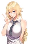  1girl between_breasts blonde_hair blue_eyes blush braid breasts commentary_request fate/grand_order fate_(series) jeanne_d&#039;arc_(fate)_(all) large_breasts long_braid looking_at_viewer necktie open_mouth shiny shiny_skin simple_background solo v white_background zucchini 
