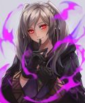  1girl cape dark_persona evil_smile female_my_unit_(fire_emblem:_kakusei) fire_emblem fire_emblem:_kakusei fire_emblem_heroes gimurei gloves highres hood kamu_(kamuuei) long_hair looking_at_viewer my_unit_(fire_emblem:_kakusei) red_eyes robe simple_background smile solo twintails white_hair 