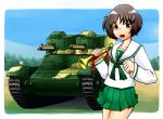  1girl 7tp akiyama_yukari brown_eyes brown_hair day dead_people girls_und_panzer ground_vehicle instrument military military_vehicle motor_vehicle mountain ooarai_school_uniform short_hair sky smile tank tree trumpet 