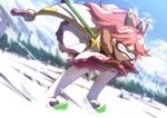  1girl cape flower_knight_girl gloves goggles long_hair mizunashi_(second_run) pink_hair skiing skis smile snow solo stock_(flower_knight_girl) 