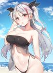  1girl absurdres arms_behind_back azur_lane beach bikini black_bikini blue_sky breasts clouds cloudy_sky commentary_request day hair_ribbon highleg highleg_bikini highres large_breasts long_hair mole mole_on_breast multicolored_hair navel prinz_eugen_(azur_lane) red_eyes ribbon silver_hair skindentation sky solo streaked_hair swimsuit two_side_up yayoichi_(yoruyoru108) 