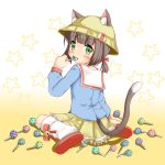  1girl animal_ears azur_lane bangs bell blue_shirt blush bow brown_footwear brown_hair candy cat_ears cat_girl cat_tail closed_mouth commentary_request ears_through_headwear eyebrows_visible_through_hair food gradient gradient_background green_eyes hat highres holding holding_lollipop jingle_bell kindergarten_uniform kneehighs kumaneko_rococo lifebuoy lollipop long_sleeves looking_at_viewer looking_back loose_socks low_twintails mutsuki_(azur_lane) pleated_skirt polka_dot red_bow sailor_collar school_hat shirt shoe_soles short_twintails sitting skirt solo star tail twintails wariza white_background white_legwear white_sailor_collar yellow_background yellow_hat yellow_skirt 