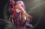  1girl absurdres arm_up bangs between_breasts bodysuit breasts closed_mouth commentary_request cosplay eyebrows_visible_through_hair fate/grand_order fate_(series) highres holding long_hair medb_(fate/grand_order) medium_breasts pink_hair purple_bodysuit rolua scathach_(fate/grand_order) scathach_(fate/grand_order)_(cosplay) solo veil very_long_hair yellow_eyes 