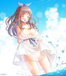  1girl bangs blush breasts brown_hair closed_eyes clouds dress highres idolmaster idolmaster_shiny_colors large_breasts long_hair melomelo_d open_mouth outdoors ponytail sidelocks skirt_hold sky solo tsukioka_kogane twitter_username wading water wet wet_clothes white_dress 