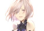  1girl :d bare_shoulders blush crying fate/grand_order fate_(series) hair_over_one_eye looking_at_viewer mash_kyrielight mirei_kh13 open_mouth short_hair silver_hair simple_background smile solo streaming_tears tears upper_body violet_eyes white_background 
