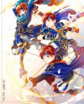  armor blue_eyes bow_(weapon) cape cosplay dual_persona durandal_(fire_emblem) eliwood_(fire_emblem) eliwood_(fire_emblem)_(cosplay) fire fire_emblem fire_emblem:_fuuin_no_tsurugi fire_emblem:_rekka_no_ken fire_emblem_heroes headband highres holding holding_weapon male_focus multiple_boys one_eye_closed open_mouth redhead roy_(fire_emblem) short_hair smile sword weapon yuki_(yukin0128) 