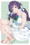  1girl alternate_costume arm_between_legs artist_name bare_shoulders breasts character_name collarbone commentary dress flower gloves green_eyes hair_tie happy_birthday head_tilt highres holding holding_flower kate_iwana legs_crossed long_hair looking_at_viewer love_live! love_live!_school_idol_project low_twintails parted_lips purple_hair scrunchie sitting toujou_nozomi twintails white_dress white_gloves 