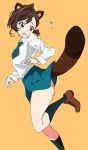  1girl animal_ears aqua_neckwear aqua_skirt black_legwear blue_eyes blush brown_footwear brown_hair commentary_request gegege_no_kitarou hair_ornament hairclip inuyama_mana kneehighs loafers long_sleeves looking_to_the_side necktie open_mouth raccoon_ears raccoon_tail shirt shoes short_hair simple_background solo standing standing_on_one_leg tail umanosuke wavy_mouth white_shirt yellow_background 