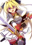  1girl armor blonde_hair character_request flower_knight_girl looking_at_viewer mizunashi_(second_run) open_mouth skirt solo sword twintails violet_eyes weapon 