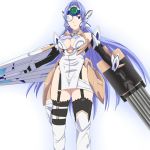  1girl android armpits bare_shoulders blue_hair breasts cleavage commentary_request cyborg elbow_gloves expressionless forehead_protector gloves highleg kos-mos large_breasts leotard long_hair ribonzu solo standing thigh-highs very_long_hair xenosaga 